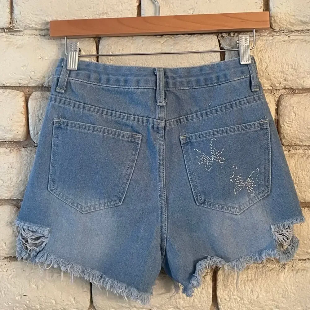 Jessica Jeans Distressed Blue Denim Shorts Size XS‎
